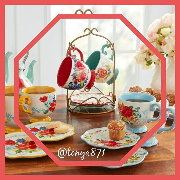 🦋New Pioneer Woman Floral Medley Mug Rack w/Appetizer Plates & Mugs 9-Piece Set - Picture 3 of 7